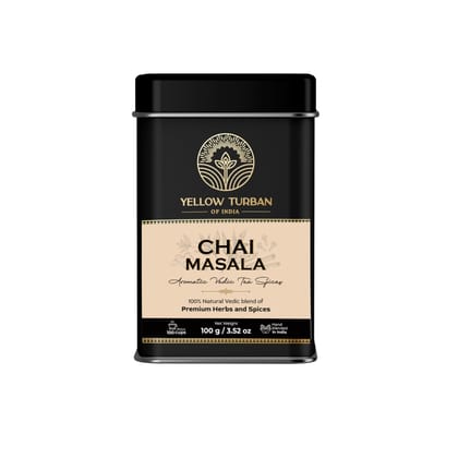 Yellow Turban of India Authentic Chai Masala 100g, Tea Masala Powder, Natural Aromatic Vedic Herbs & Spices Blend, Makes 100+ Cups. All Natural, Vacuum Packed for Freshness. Yellow Turban of India Authentic Chai Masala 100g, Tea Masala Powder, Natural Aromatic Vedic Herbs & Spices Blend, Makes 100+ Cups. All Natural, Vacuum Packed for Freshness.