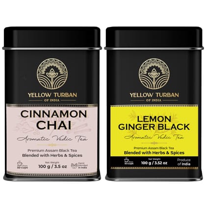 Yellow Turban of India Aromatic Vedic Tea Combo, Cinnamon Chai and Lemon Ginger Black Tea, 100g Each, Premium Assam Black Tea Blended with 100% Natural Herbs and Spices, Makes 50+ cups each, Vacuum Packed For Freshness.