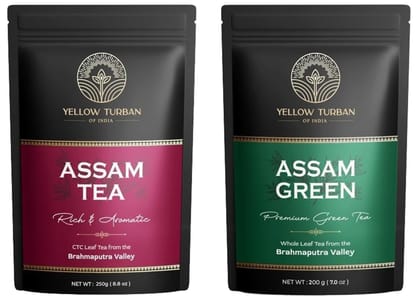 Yellow Turban Assam Tea CTC Black Loose Leaf 125+ Cups, Strong, Bold, Rich and Assam Green Tea Leaves 100+ Cups. Combo Pack, Premium Whole Leaf Tea Traditionally Grown in the Brahmaputra Valley's, Himalayan Range.