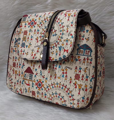 Handmade Warli Art Sling Bag with Adjustable Strap for Women - Cream and Multicolor