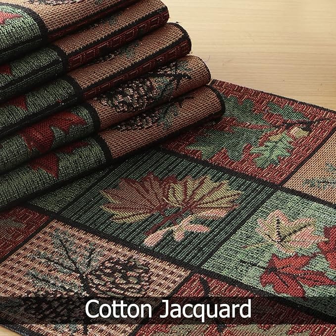 Cotton Jacquard Table Runner with Pine Cones and Fall Leaves
