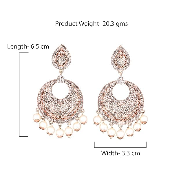  "Stunning Cubic Zirconia Chandbali Earrings with Pearls in Rose Gold Plating"