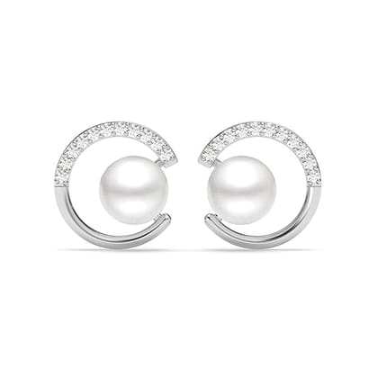  Freshwater Cultured Pearl and Diamond Circle Stud Earrings in 14K White Gold