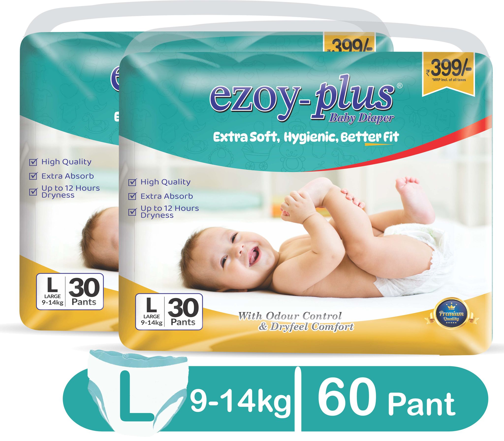 EzoyPlus Baby Diapers large size- Extra Soft, Hygienic, Better Fit - 9-14kg (60 Pants)pack of 2