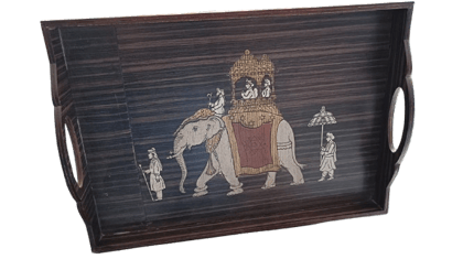  Handcrafted Wooden Tray with Intricate Elephant Design and Handles for Serving Food and Drinks