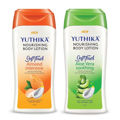 Yuthika Nourishing Body Lotion 200ml Combo Pack, Almond Body Lotion for Dry Skin, Aloe Vera Body Lotion for Normal Skin