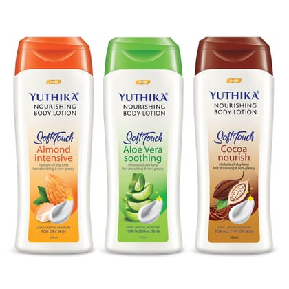 Yuthika Nourishing Body Lotion, Long Lasting, Non Greasy Bodylotion 100ml Pack of 3 (Almond, Aloe Vera & Cocoa Nourish)