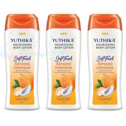 Yuthika Almond Body Lotion for Dry Skin 300ml Pack of 3, Non-Greasy Fast Absorbing & Long Lasting Nourishing Body Lotion