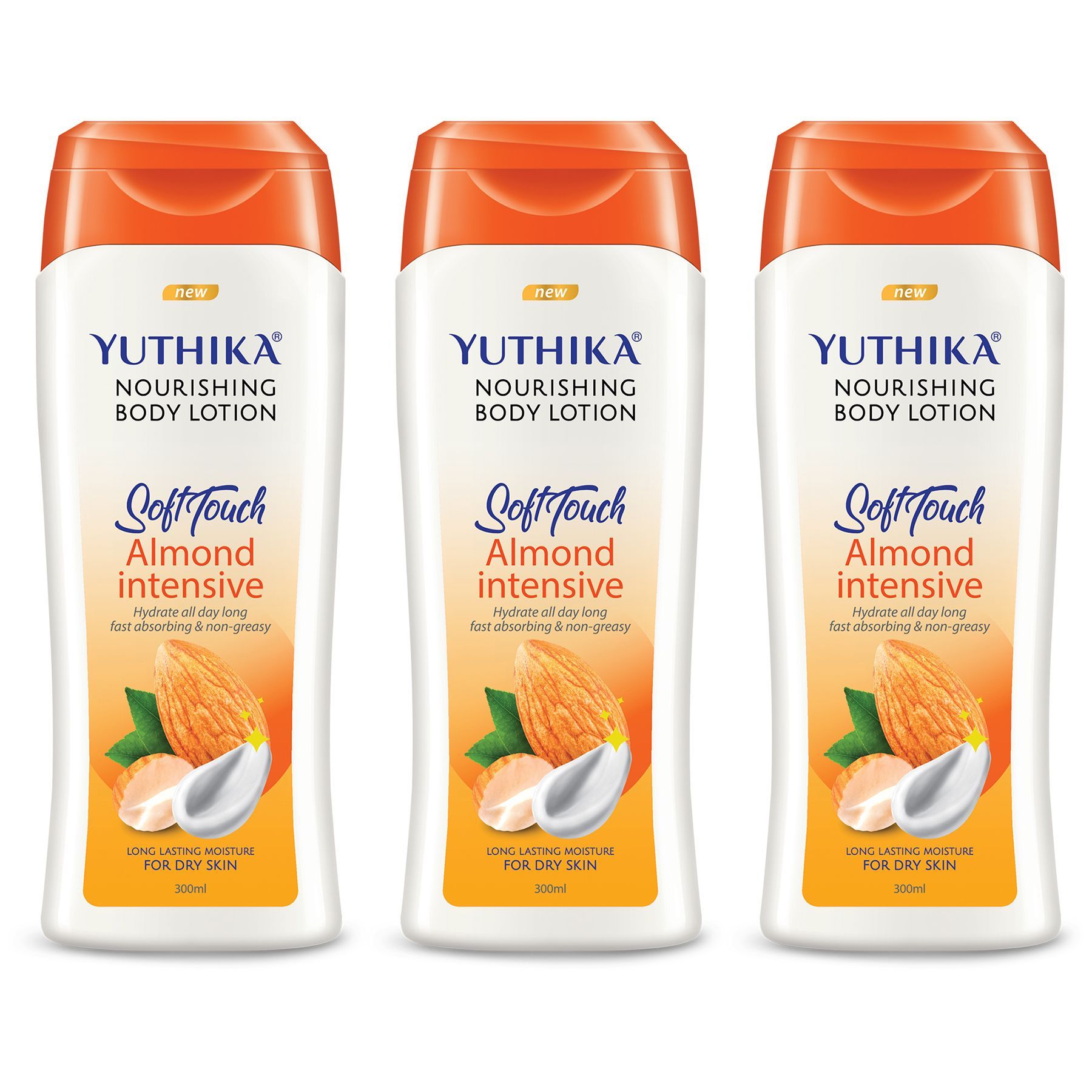Yuthika Almond Body Lotion for Dry Skin 300ml Pack of 3, Non-Greasy Fast Absorbing & Long Lasting Nourishing Body Lotion