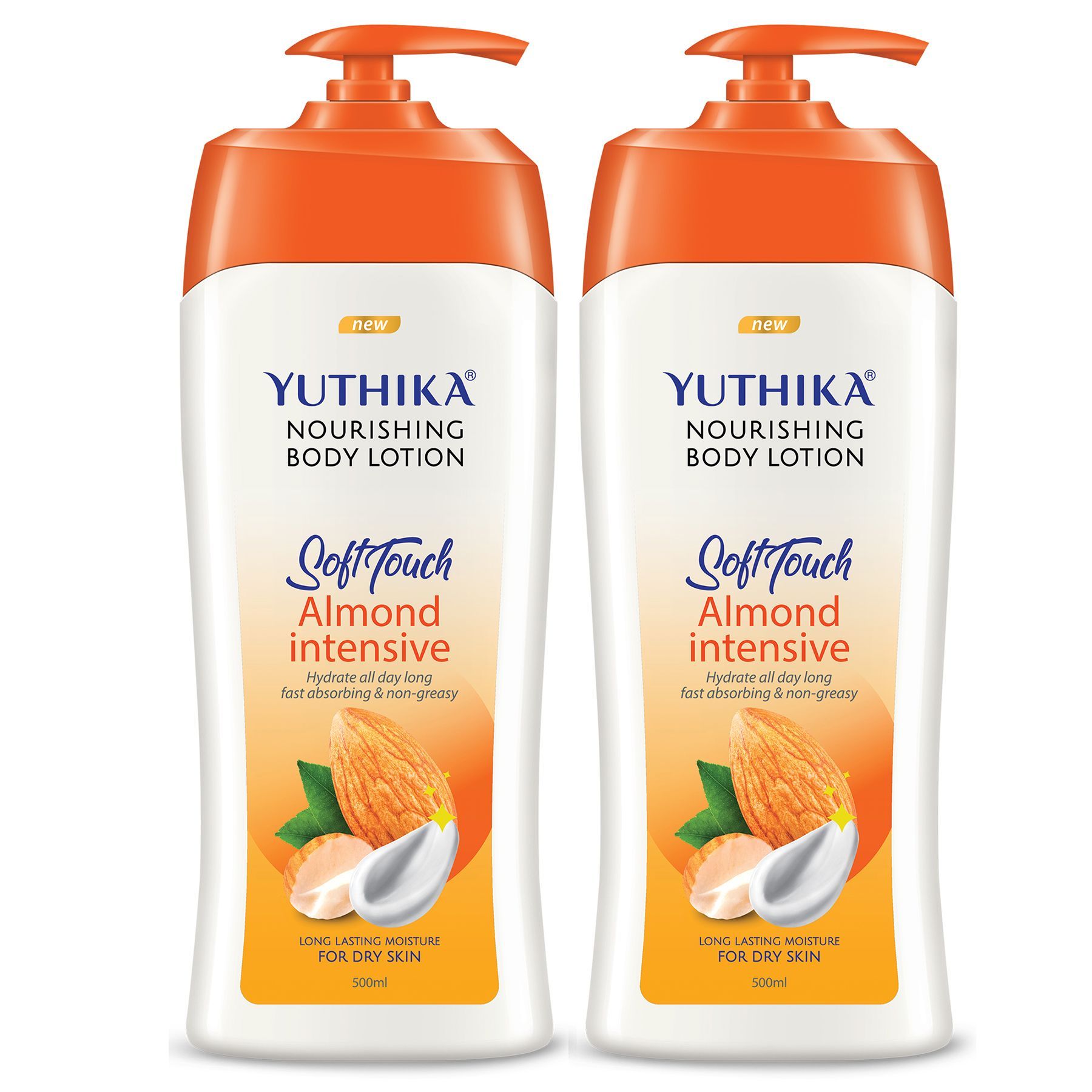 Yuthika Almond Body Lotion for Dry Skin 500ml Pack of 2, Non-Greasy Fast Absorbing & Long Lasting Nourishing Body Lotion
