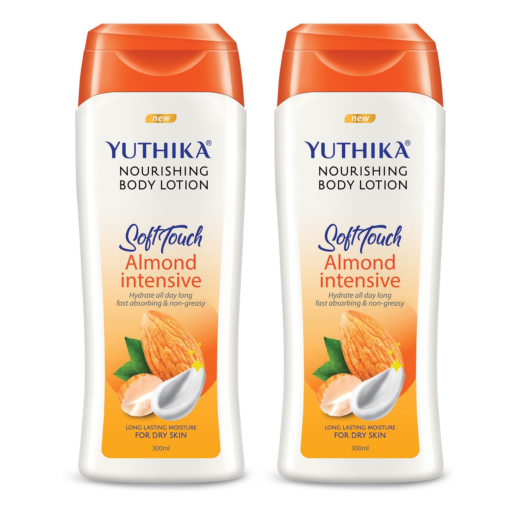 Yuthika Almond Body Lotion for Dry Skin 300ml Pack of 2, Non-Greasy Fast Absorbing & Long Lasting Nourishing Body Lotion