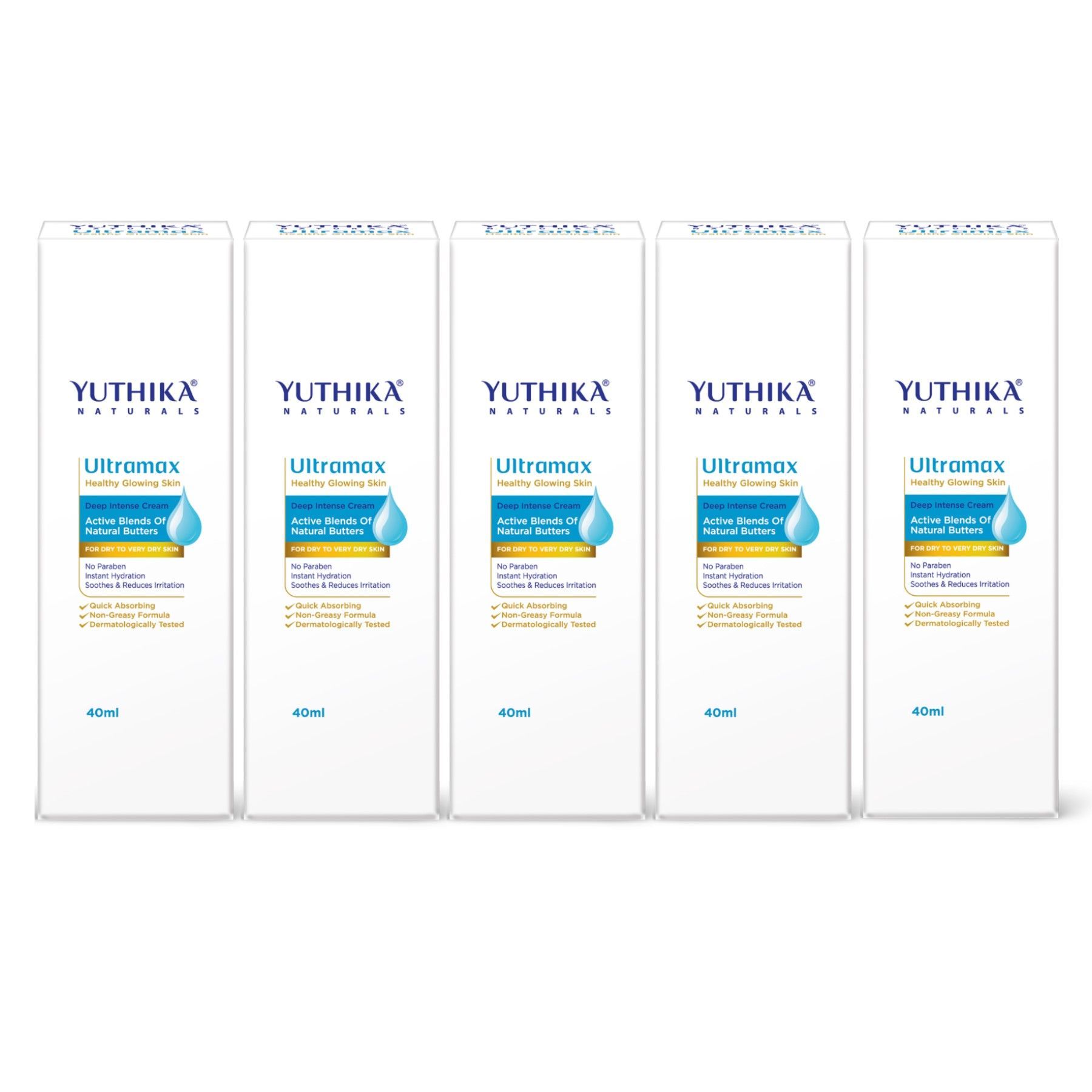 Yuthika Ultramax Deep Intense Moisturizing Cream for Dry to Very Dry Skin 40ml Pack of 5, Dermatologically Tested