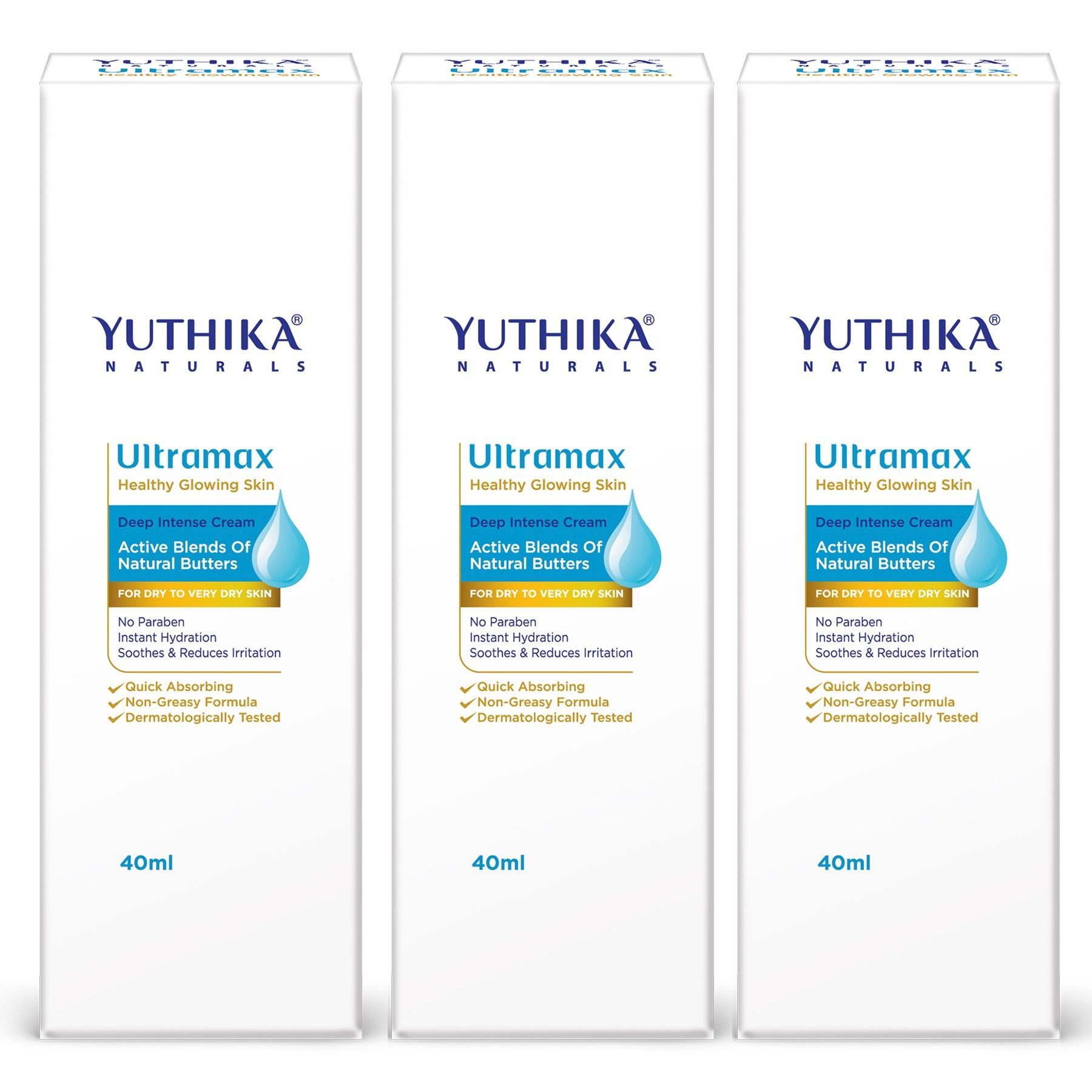 Yuthika Ultramax Deep Intense Moisturizing Cream for Dry to Very Dry Skin 40ml Pack of 3, Dermatologically Tested