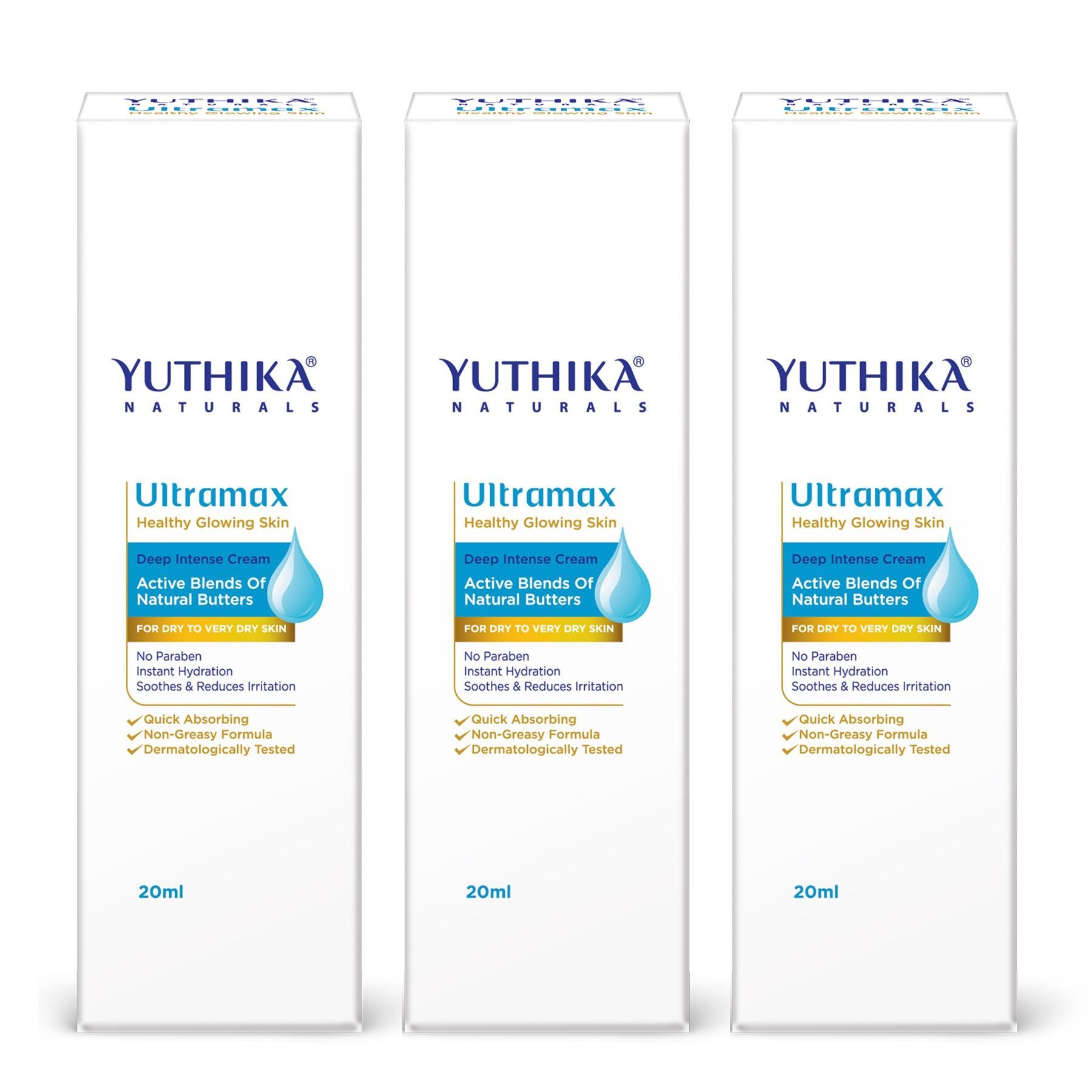 Yuthika Ultramax Deep Intense Moisturizing Cream for Dry to Very Dry Skin 20ml Pack of 3, Dermatologically Tested