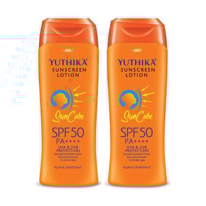 Yuthika Sunscreen Lotion SPF 50 PA++++ with UVA & UVB Protection, Sun Cream for All Skin Types - 300ml Pack of 2