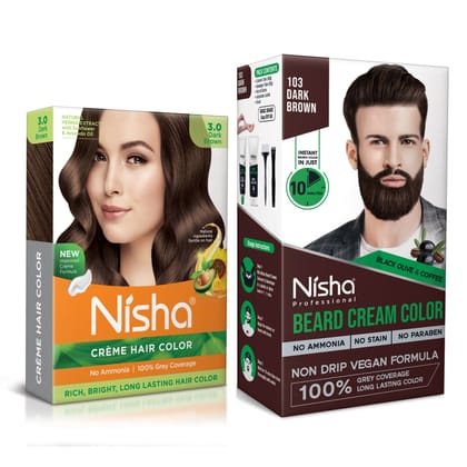 Nisha Hair Colour and Beard Colour Dark Brown, Permanent Hair Color 40g and Beard Color for Men 120g