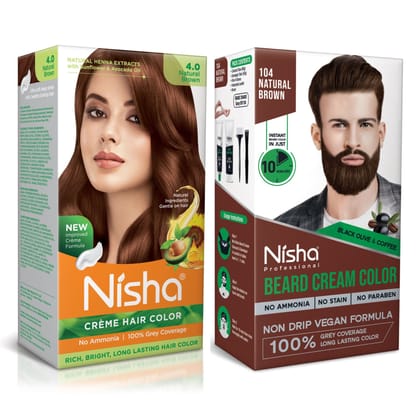 Nisha Creme Hair Colour and Beard Colour Natural Brown 120g Combo Pack, No Ammonia, 100% Grey Coverage, Vegan Formula