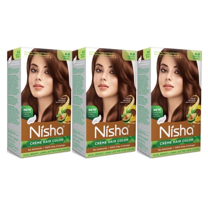 Nisha Creme Hair Color Natural Brown 60g Pack of 3, Permanent Hair Colour, No Ammonia, 100% Grey Coverage