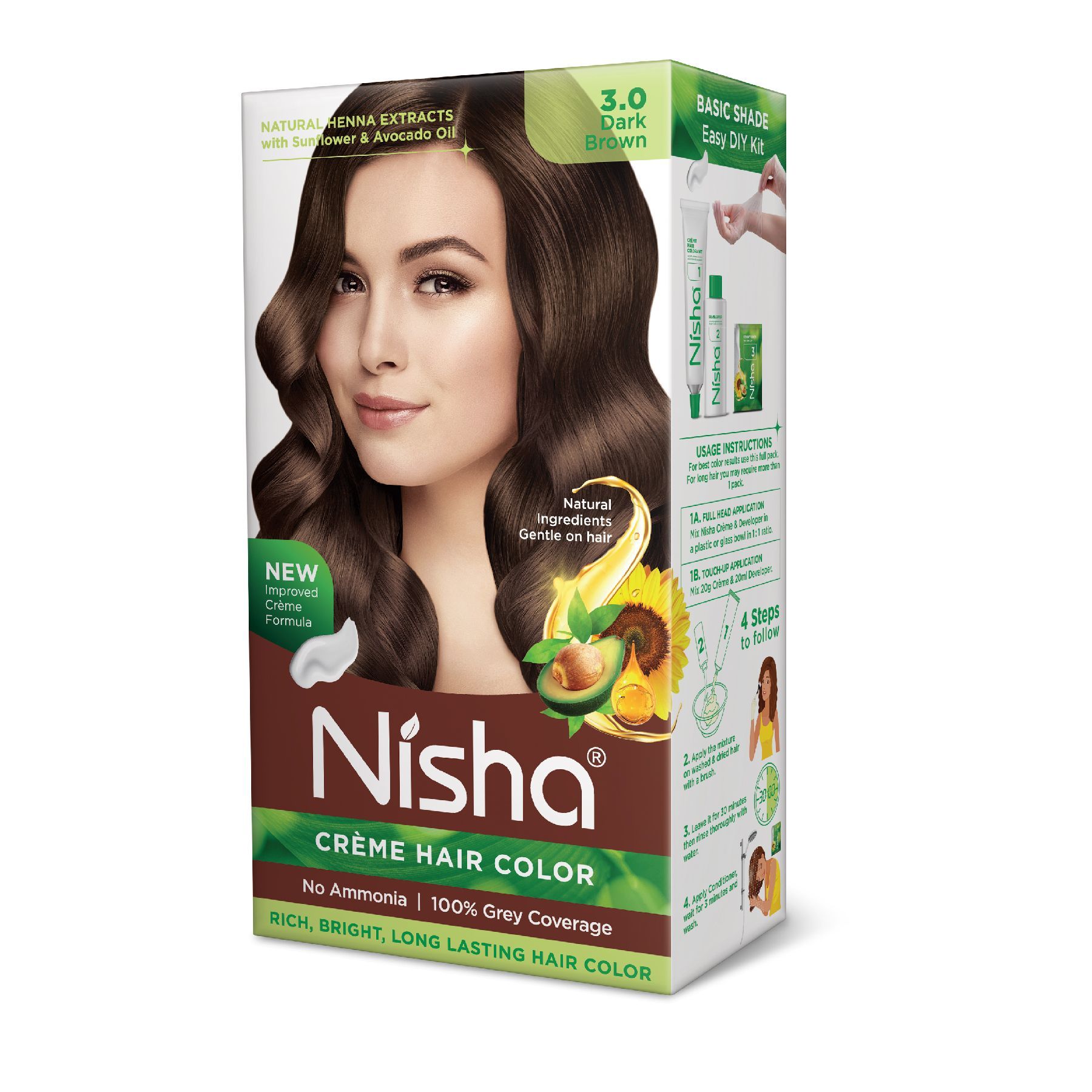 Nisha Creme Hair Color Dark Brown 60g, Permanent Hair Color for Women & Men, Ammonia Free Hair Colour