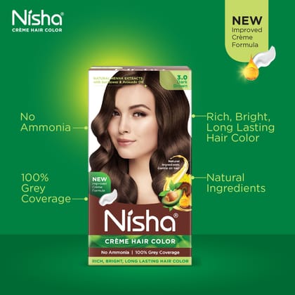 Nisha Creme Hair Color Dark Brown 60g Pack of 2, Permanent Hair Colour, No Ammonia, 100% Grey Coverage