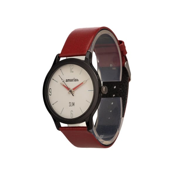 Mens Analog Watch with Black Dial and Red Leather Strap
