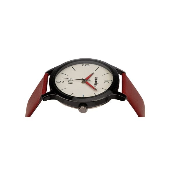 Mens Analog Watch with Black Dial and Red Leather Strap