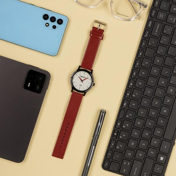 Mens Analog Watch with Black Dial and Red Leather Strap