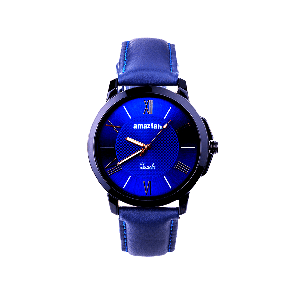 Mens Blue Dial Blue Leather Strap Quartz Wrist Watch