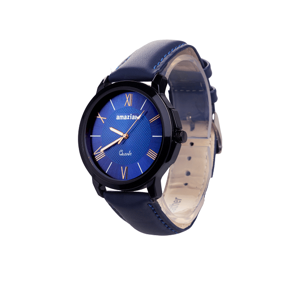 Mens Blue Dial Blue Leather Strap Quartz Wrist Watch