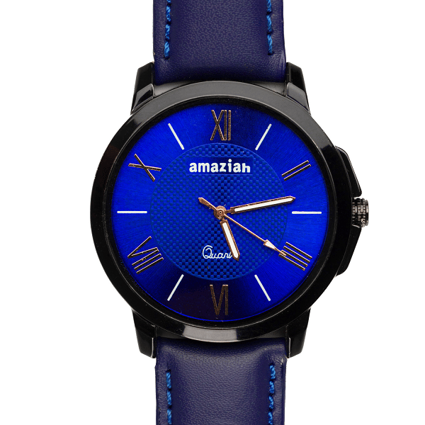 Mens Blue Dial Blue Leather Strap Quartz Wrist Watch