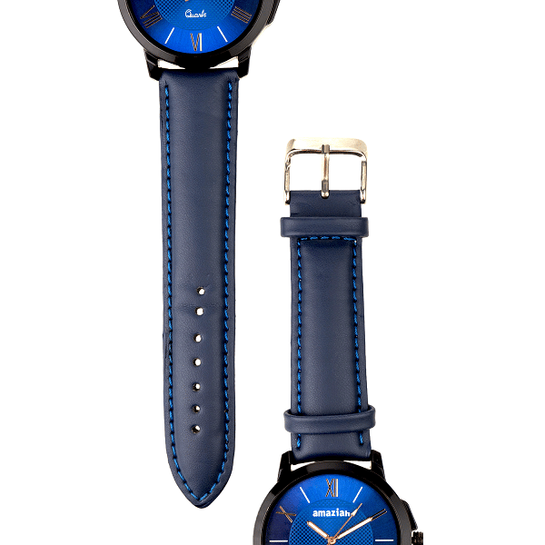 Mens Blue Dial Blue Leather Strap Quartz Wrist Watch