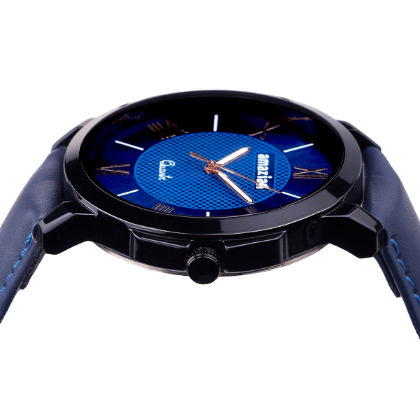 Mens Blue Dial Blue Leather Strap Quartz Wrist Watch