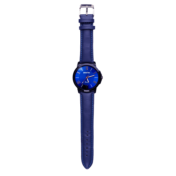 Mens Blue Dial Blue Leather Strap Quartz Wrist Watch