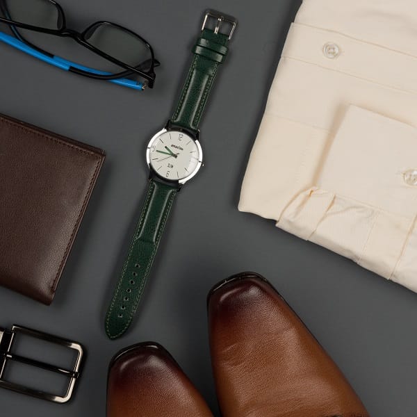 Mens Watch, Stylish Casual Quartz Wrist Watch with Green Leather Strap