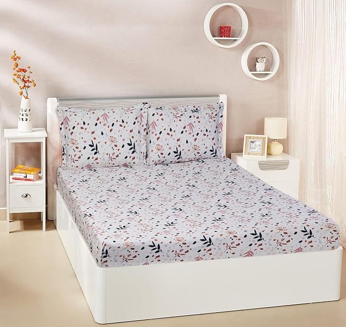  100% Cotton Floral Printed Double Bedsheet with 2 Pillow Covers - Pink