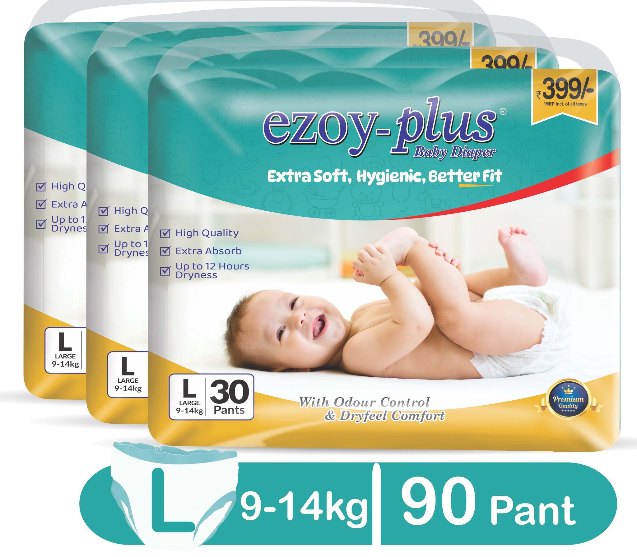 EZOY-PLUS Baby Diapers - Extra Soft, Hygienic, Better Fit - Large (9-14kg) - 3 Packs of 30 Pants (90 Pants )