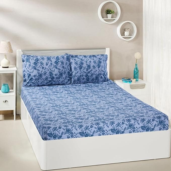  Blue and White Floral Pattern Bedding Set - 100% Cotton - Soft and Breathable - Machine Washable - Queen Size