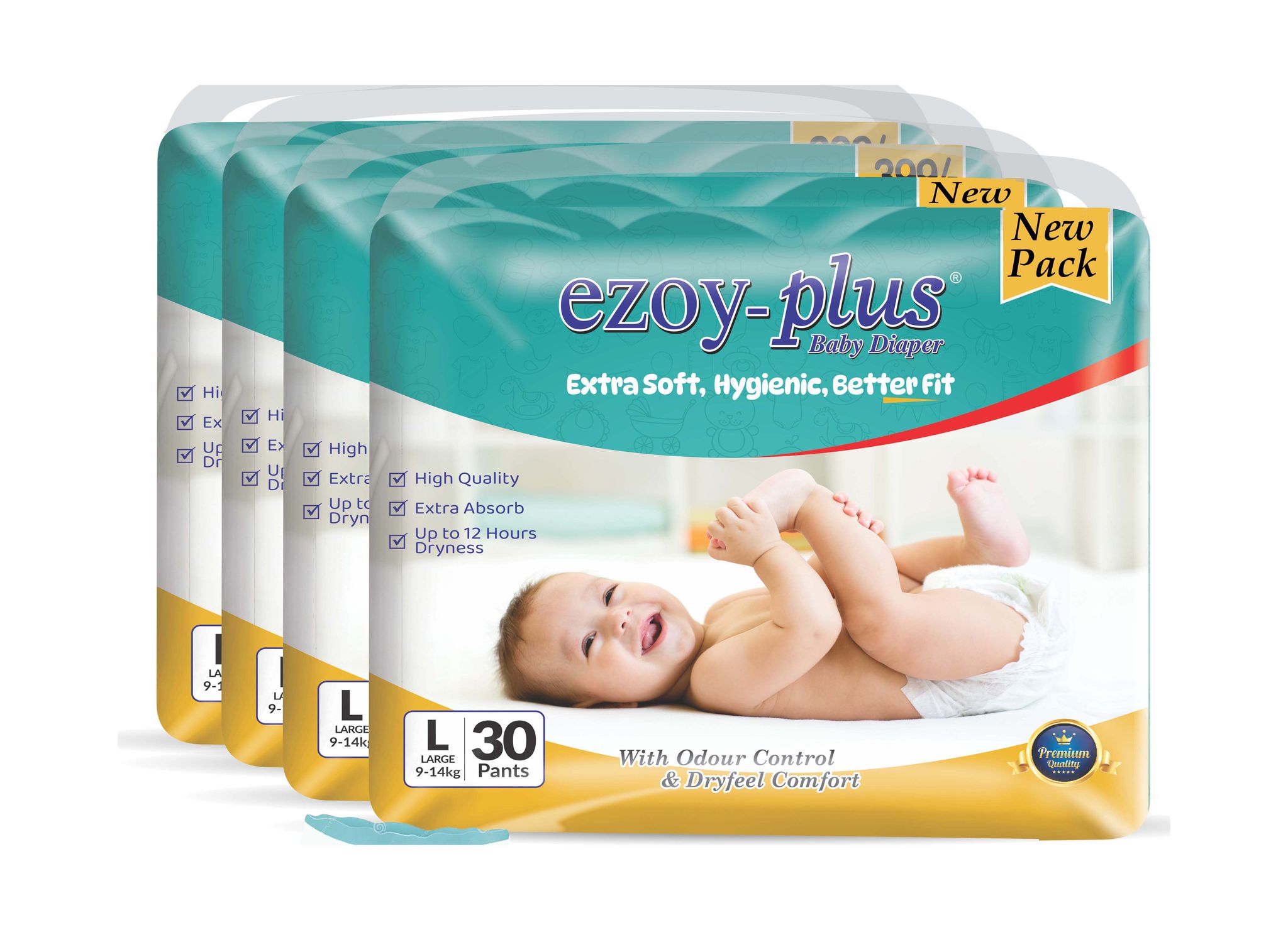 *EZOY-PLUS Baby Diapers - Extra Soft, Hygienic, Better Fit - Up to 12 Hours Dryness - Large (9-14 kg) - 120 Count