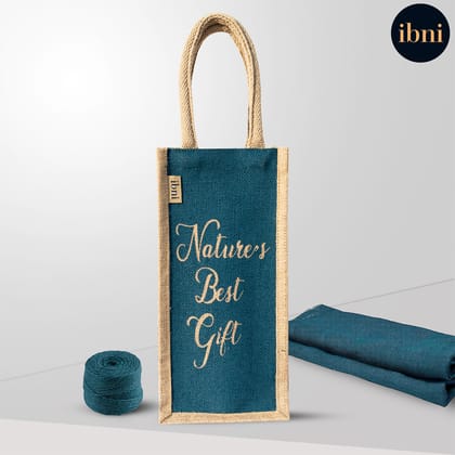 Ibni Premium Jute Water Bottle Bag – Eco-Friendly, Durable, Stylish, and Perfect for Travel "Natures Best Gift" Color Peacock Blue