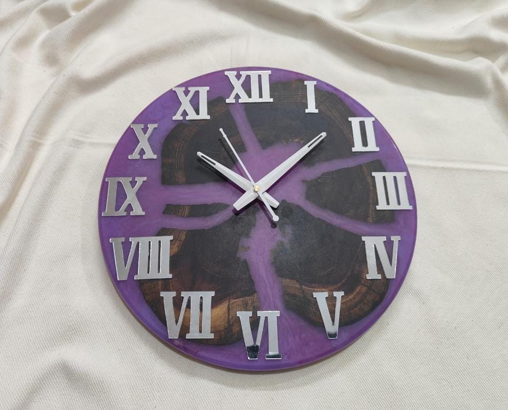 Unique Epoxy Resin Wood Wall Clock, Handmade Home Decor, Modern Design, Purple and Brown, 12 Inch