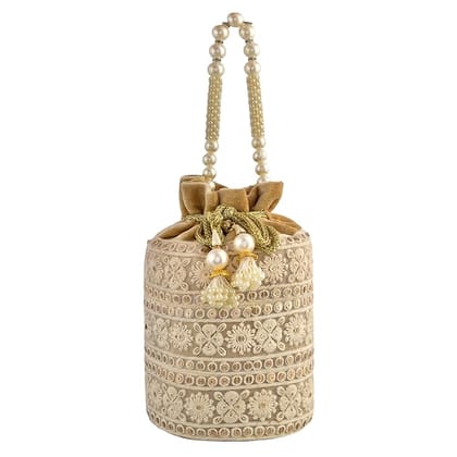 Cream Potli Bag with Pearl Handle and Embroidery Cream Potli Bag with Pearl Handle and Embroidery