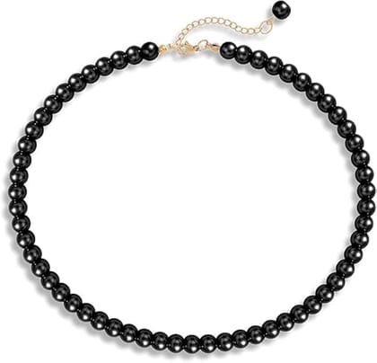 A V FASHION - Pearl Necklace For Girl and Women Black PearLNecklaces for Women, 8MM Beaded Choker Necklace 1 Layer Beaded Mala Fashion Jewellery