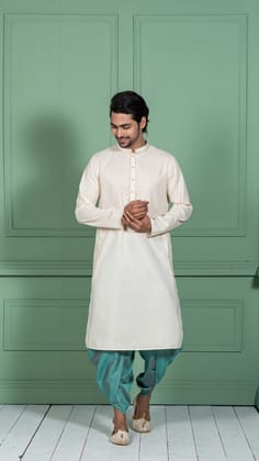 Kisah Men White Cotton Blend Thread Work Kurta (KA-0666)
