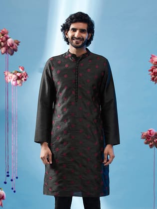 Kisah Men Black Silk Blend Embroidered Kurta (KA-0711)