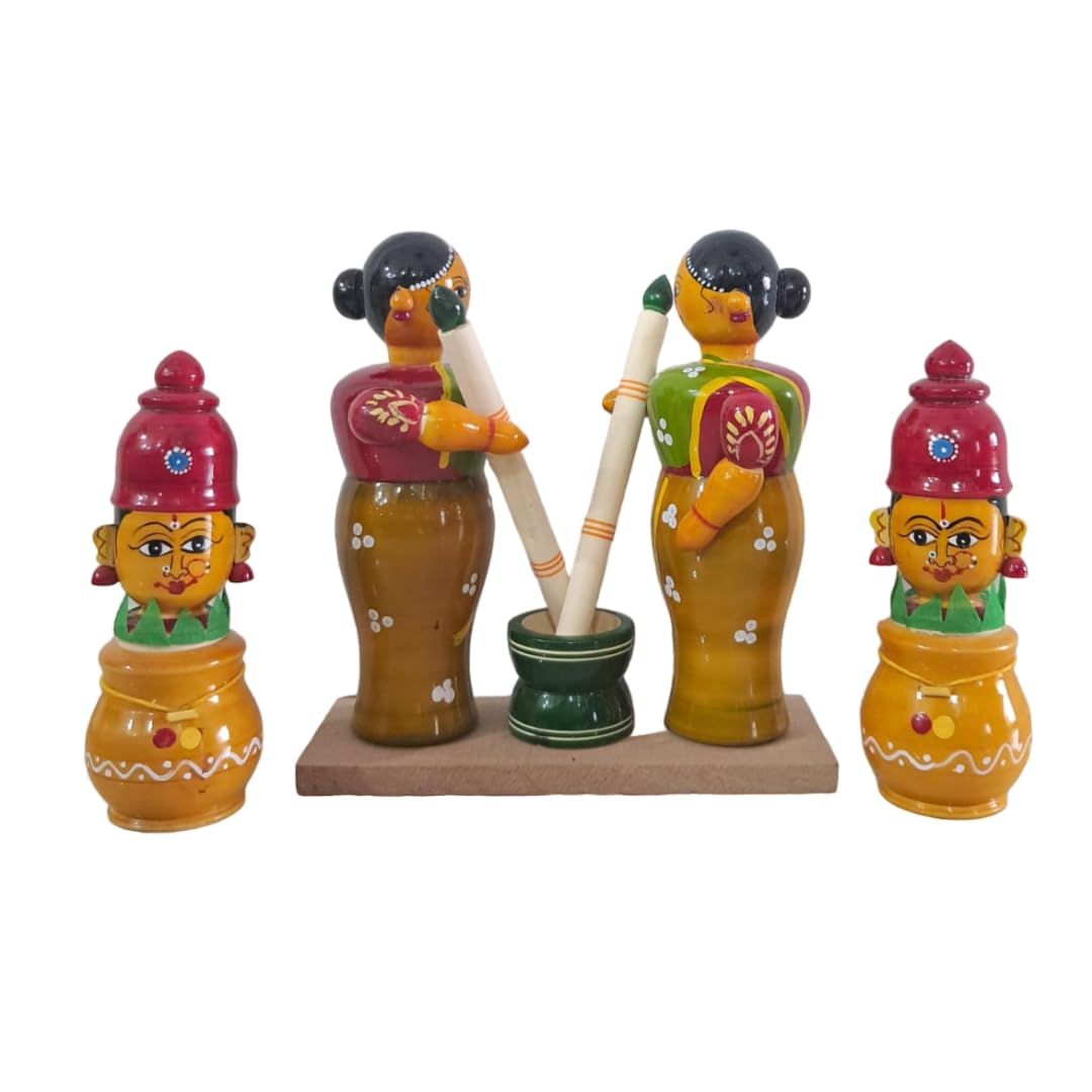 Lepakshi Handicrafts Etikoppaka Wooden Home Decorative Gowri Lakshmi Kalasam Box with Traditinal Doll Set of 3, Natural Colors, Non Toxic