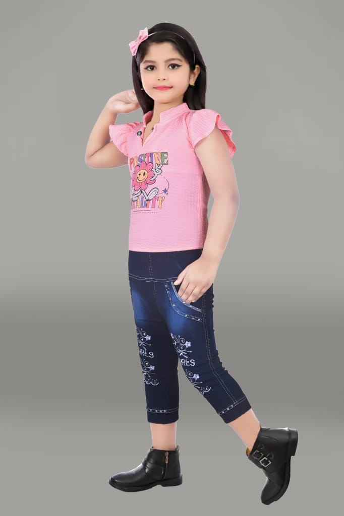 Girls' Pink Printed Top and Blue Denim Jeans Set