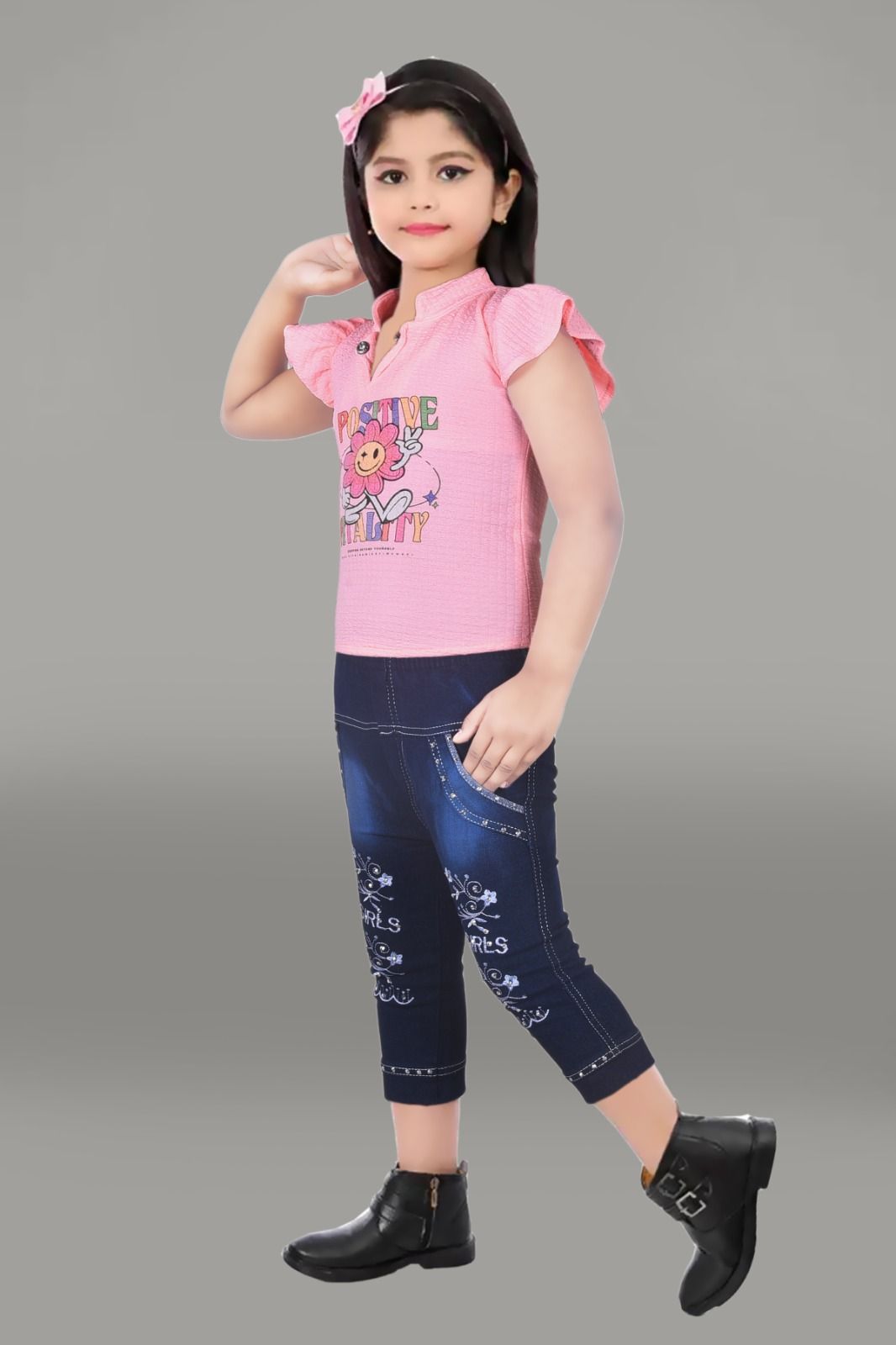 Girls' Pink Printed Top and Blue Denim Jeans Set