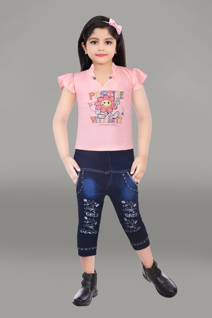 Girls' Pink Printed Top and Blue Denim Jeans Set