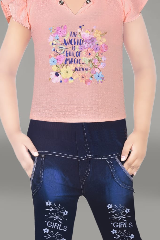 Girls' Pink Printed Top and Blue Denim Jeans Set