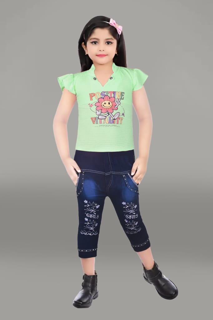 Green Cotton Printed T-shirt with Blue Denim Jeggings for Girls